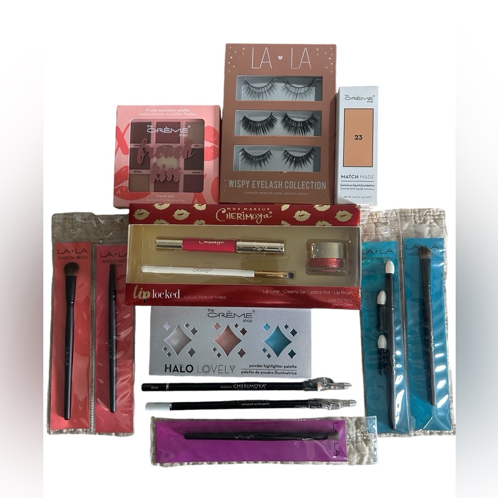 Creme Shop Makeup Bundle Eyeshadow LA Lashes LA Brushes Eyeliner Lip Color